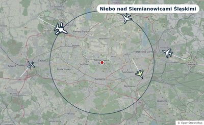 Mapa okolic miasta z sylwetkami samolotów — Niebo nad Siemianowicami Śląskimi